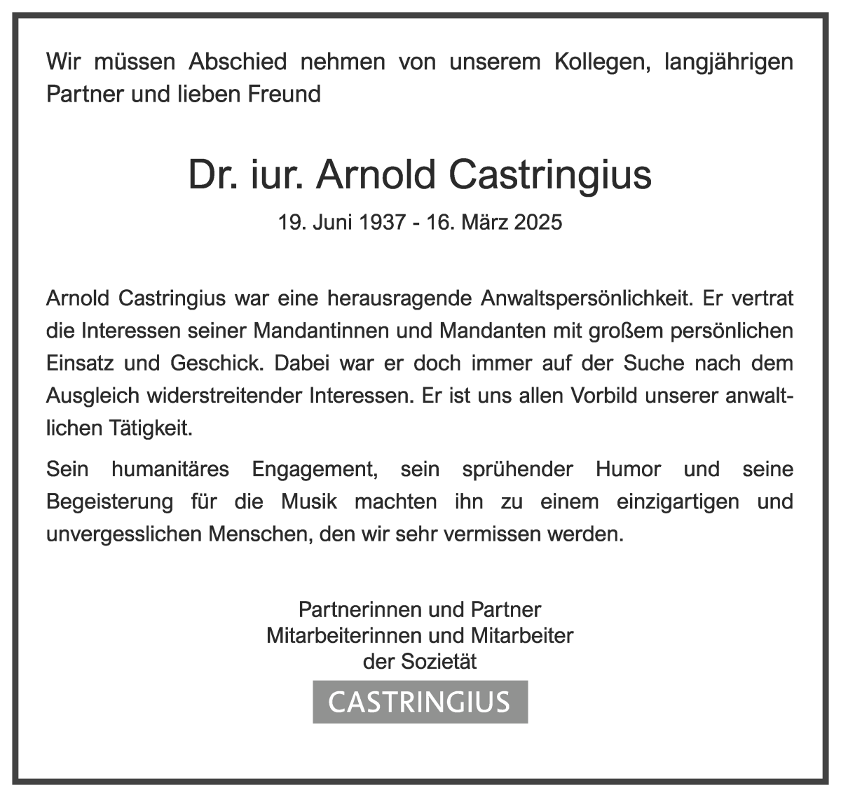 Traueranzeige von Dr. iur. Arnold Castringuis von WESER-KURIER