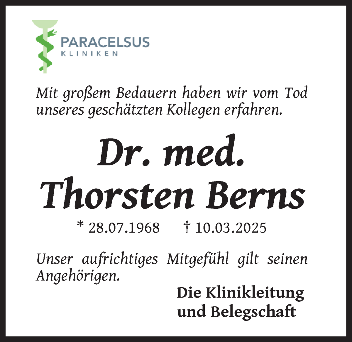 Traueranzeige von Dr. med. Thorsten Berns von WESER-KURIER