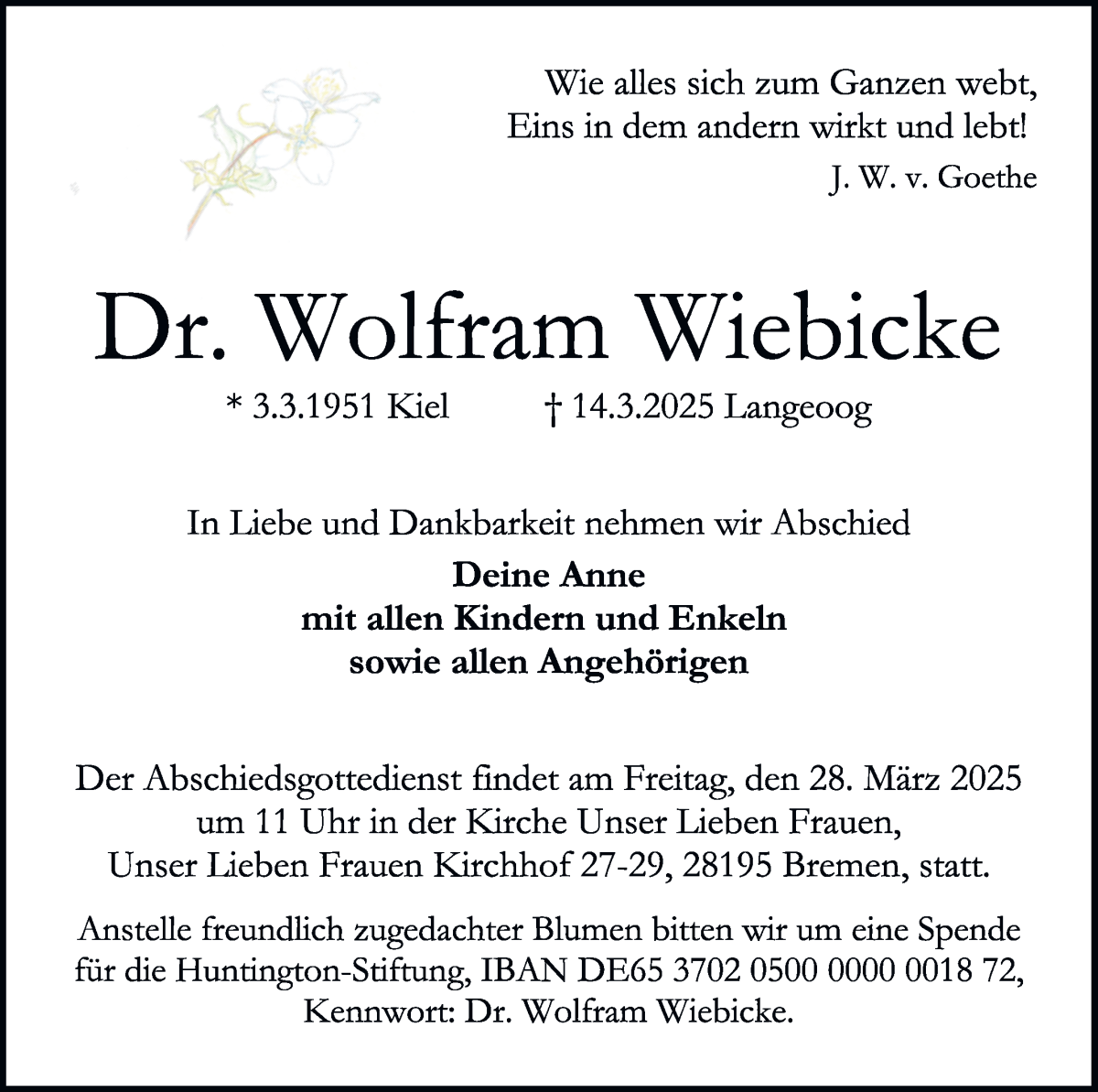 Traueranzeige von Dr. Wolfgang Wiebicke von WESER-KURIER
