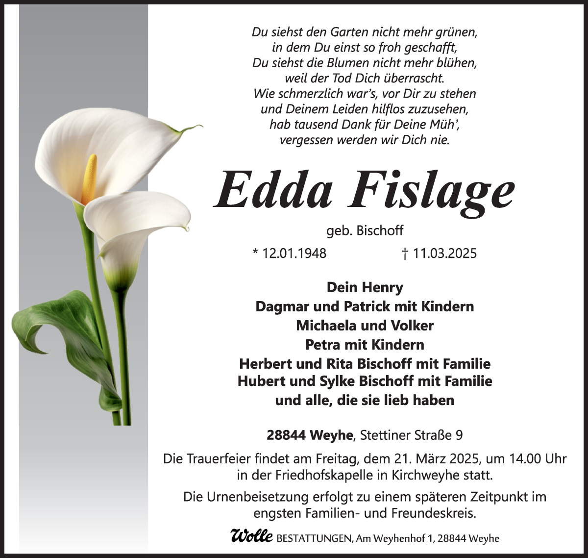 Traueranzeige von Edda Fislage von Regionale Rundschau/Syker Kurier