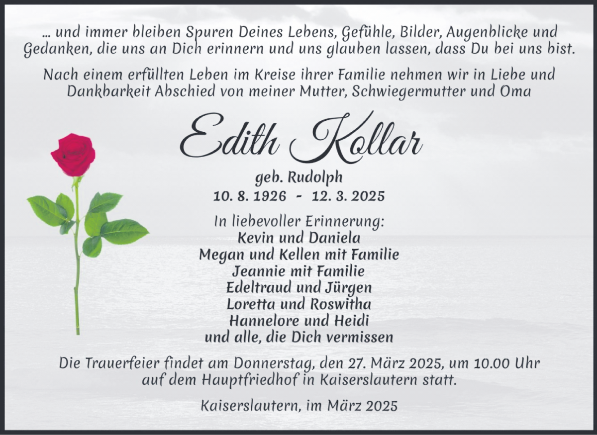 Traueranzeige von Edith Kollar von WESER-KURIER