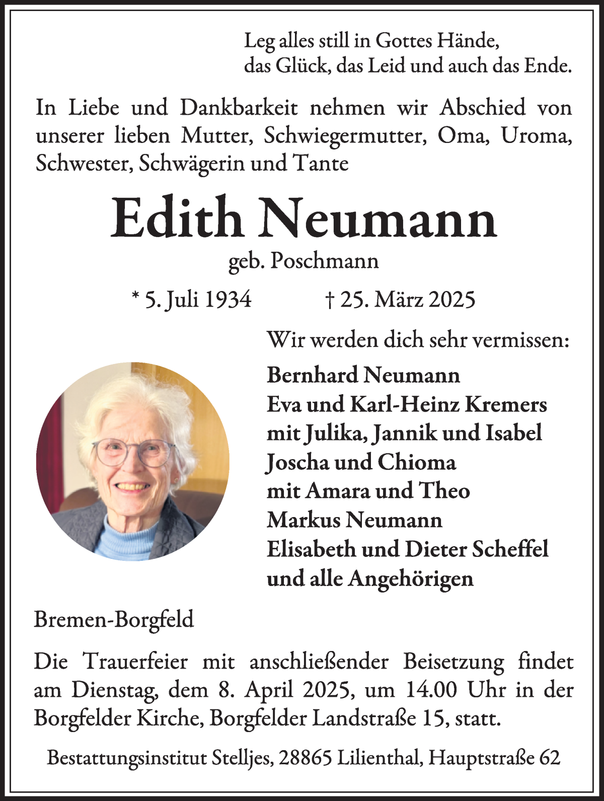 Traueranzeige von Edith Neumann von WESER-KURIER