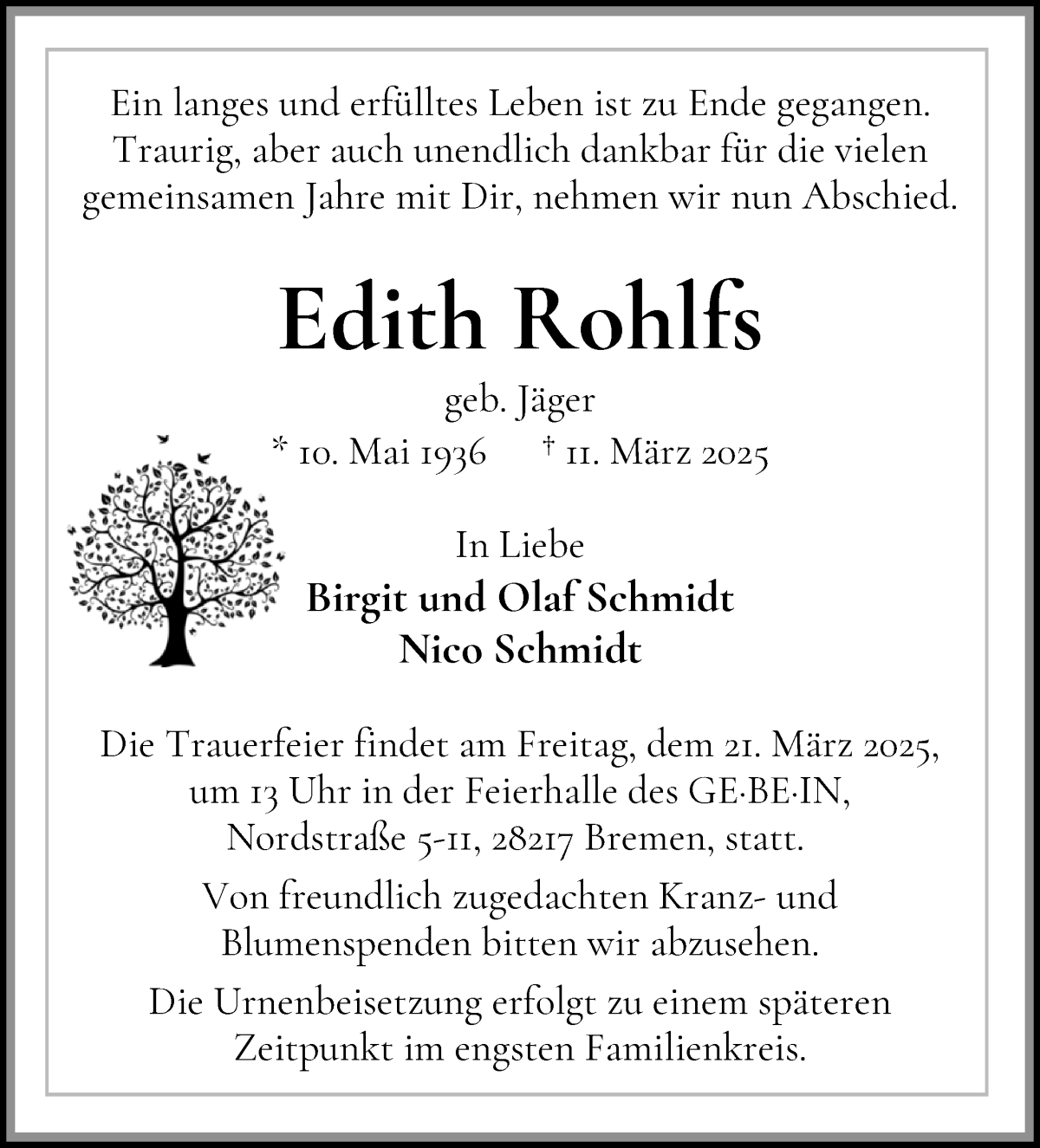 Traueranzeige von Edith Rohlfs von WESER-KURIER