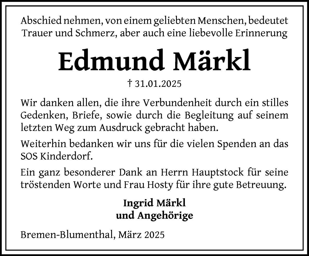 Traueranzeige von Edmund Märkl von Die Norddeutsche
