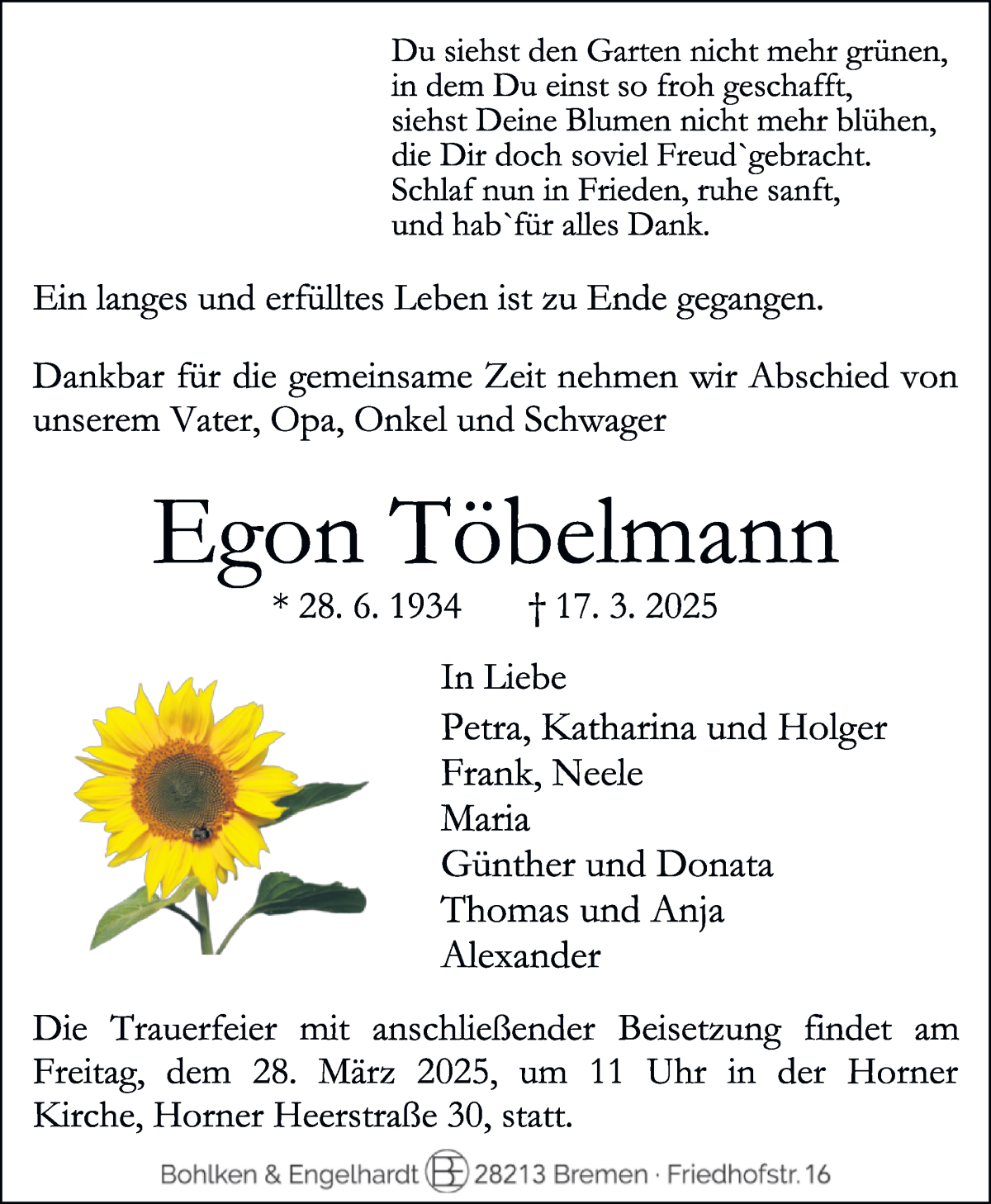 Traueranzeige von Egon Töbelmann von WESER-KURIER
