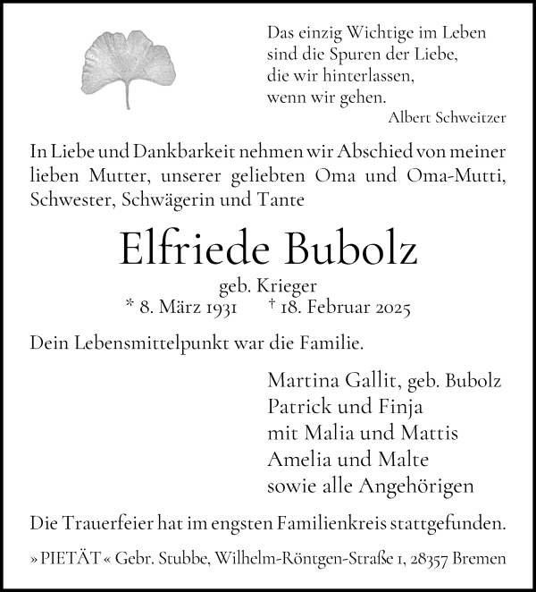Traueranzeige von Elfriede Bubolz von WESER-KURIER