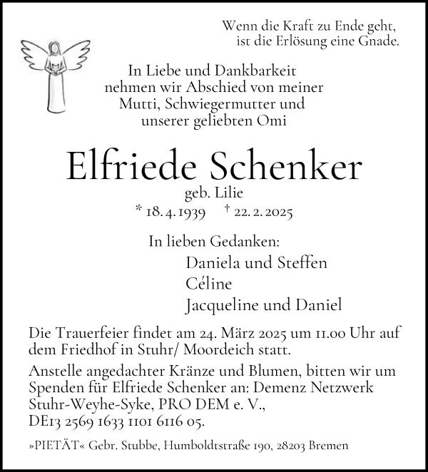 Traueranzeige von Elfriede Schenker von WESER-KURIER
