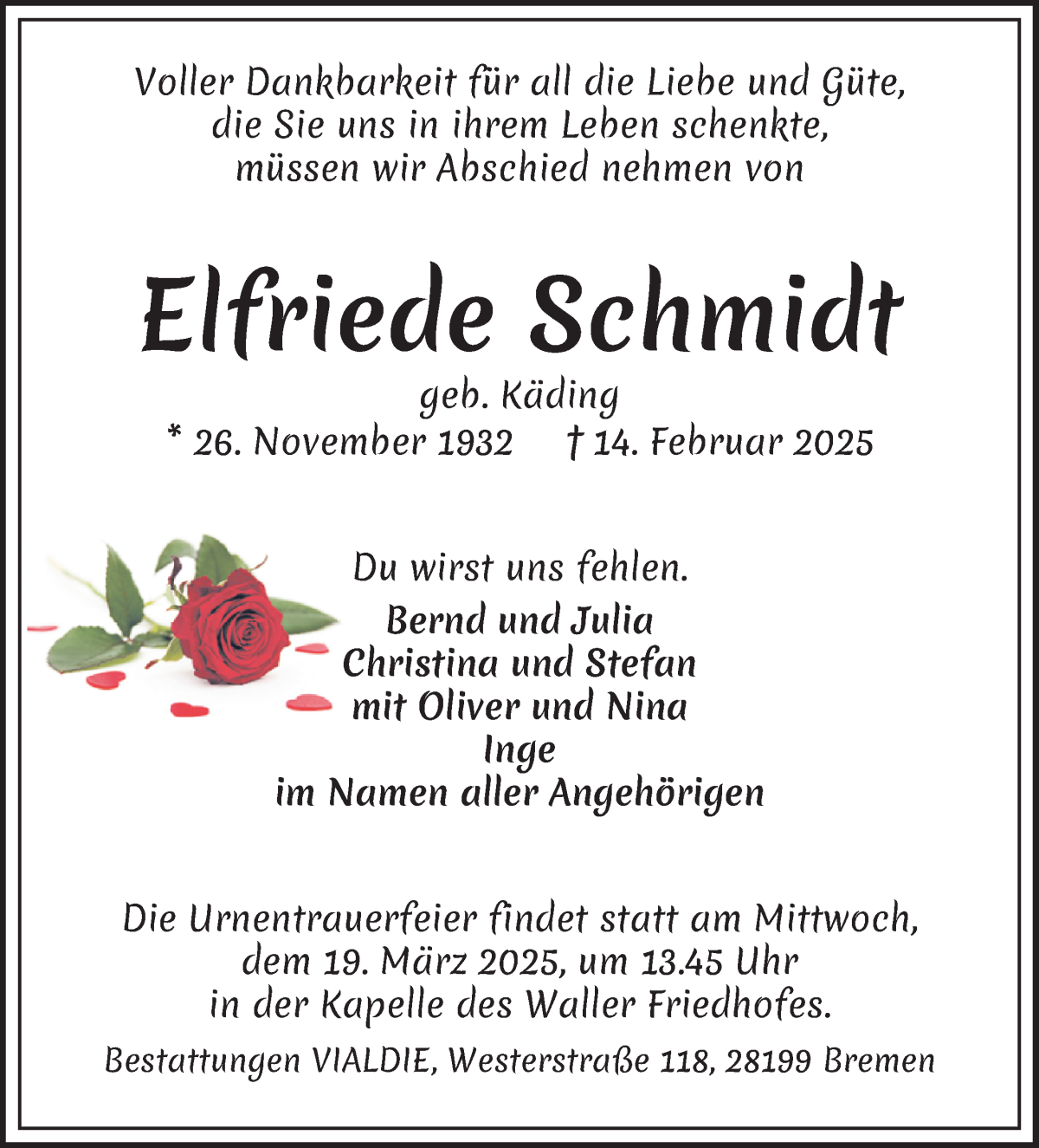 Traueranzeige von Elfriede Schmidt von WESER-KURIER