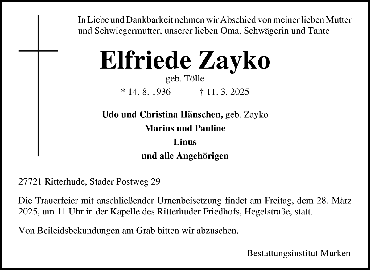 Traueranzeige von Elfriede Zayko von Osterholzer Kreisblatt
