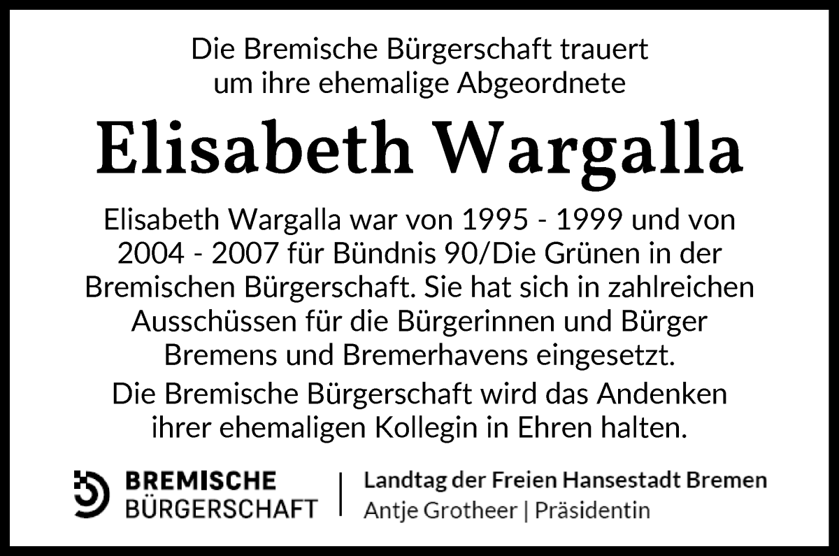 Traueranzeige von Elisabeth Wargalla von WESER-KURIER