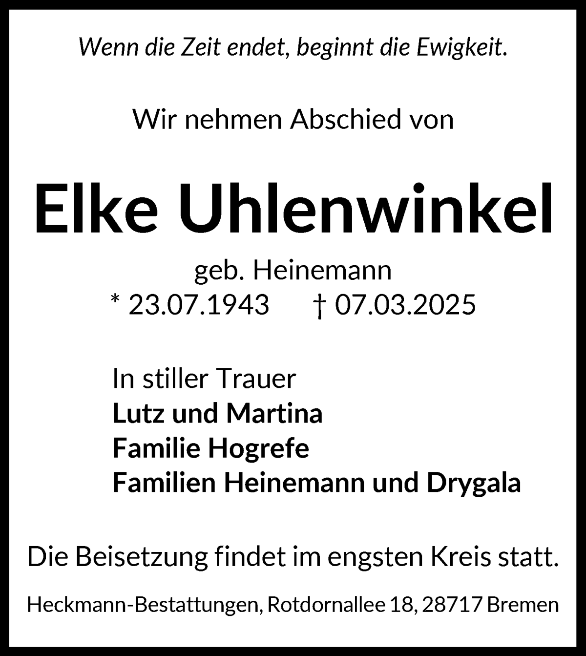 Traueranzeige von Elke Uhlenwinkel von WESER-KURIER