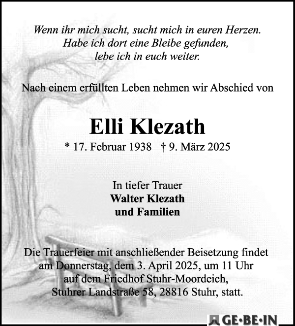 Traueranzeige von Elli Klezath von WESER-KURIER