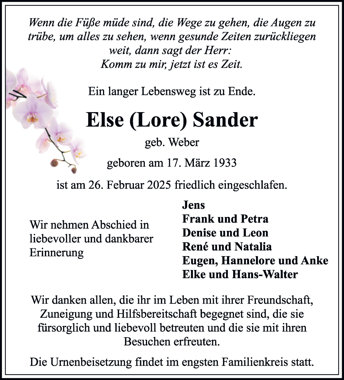 Traueranzeige von Else Sander von WESER-KURIER