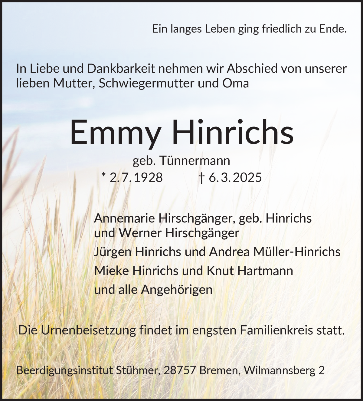 Traueranzeige von Emmy Hinrichs von Die Norddeutsche