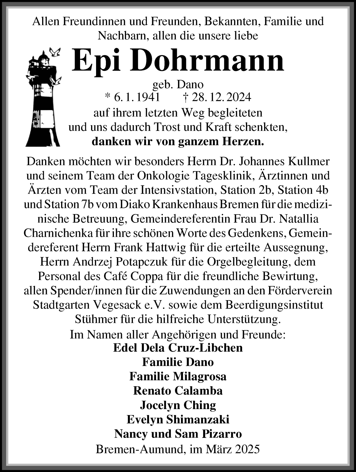 Traueranzeige von Epi Dohrmann von Die Norddeutsche