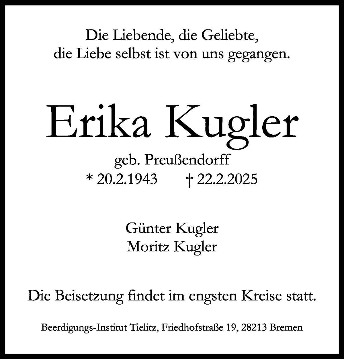 Traueranzeige von Erika Kugler von WESER-KURIER