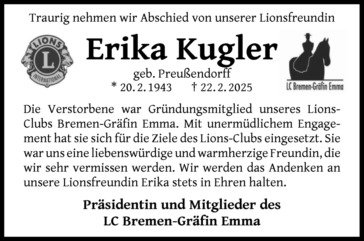 Traueranzeige von Erika Kugler von WESER-KURIER