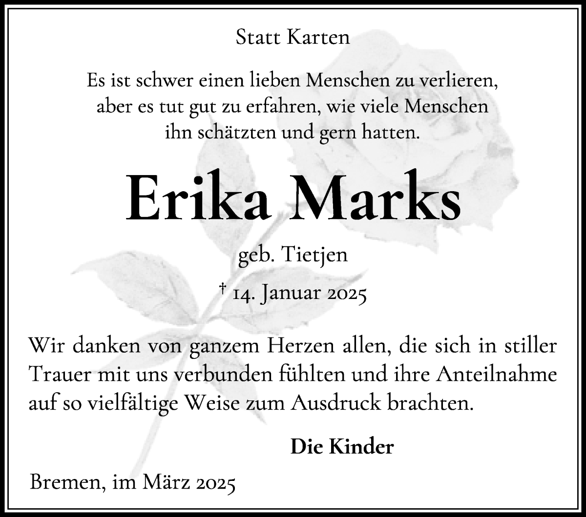 Traueranzeige von Erika Marks von Wuemme Zeitung