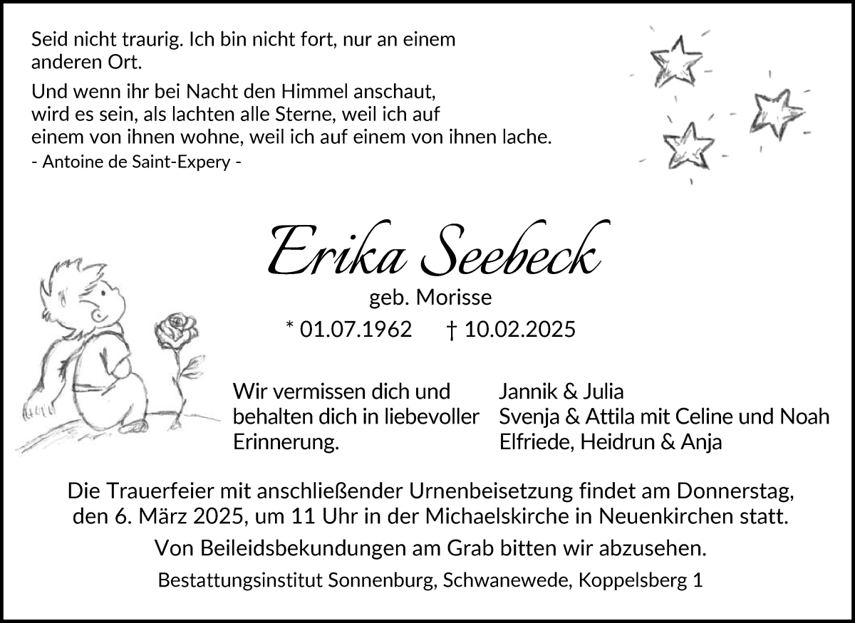 Traueranzeige von Erika Seebeck von Die Norddeutsche