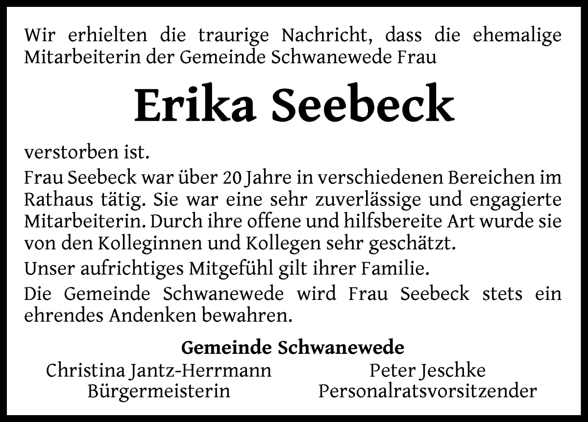 Traueranzeige von Erika Seebeck von Die Norddeutsche