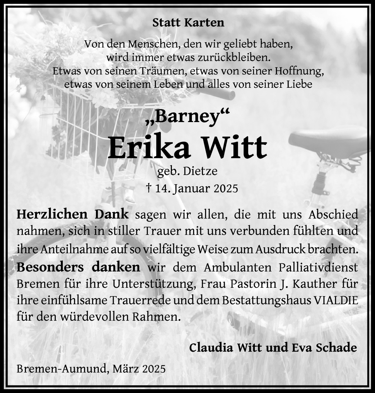 Traueranzeige von Erika Witt von Die Norddeutsche