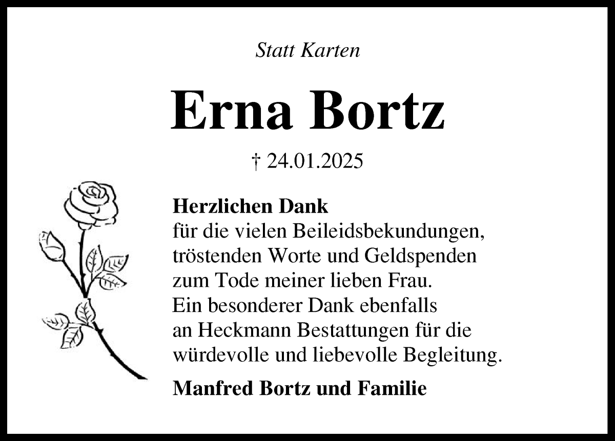 Traueranzeige von Erna Bortz von Die Norddeutsche