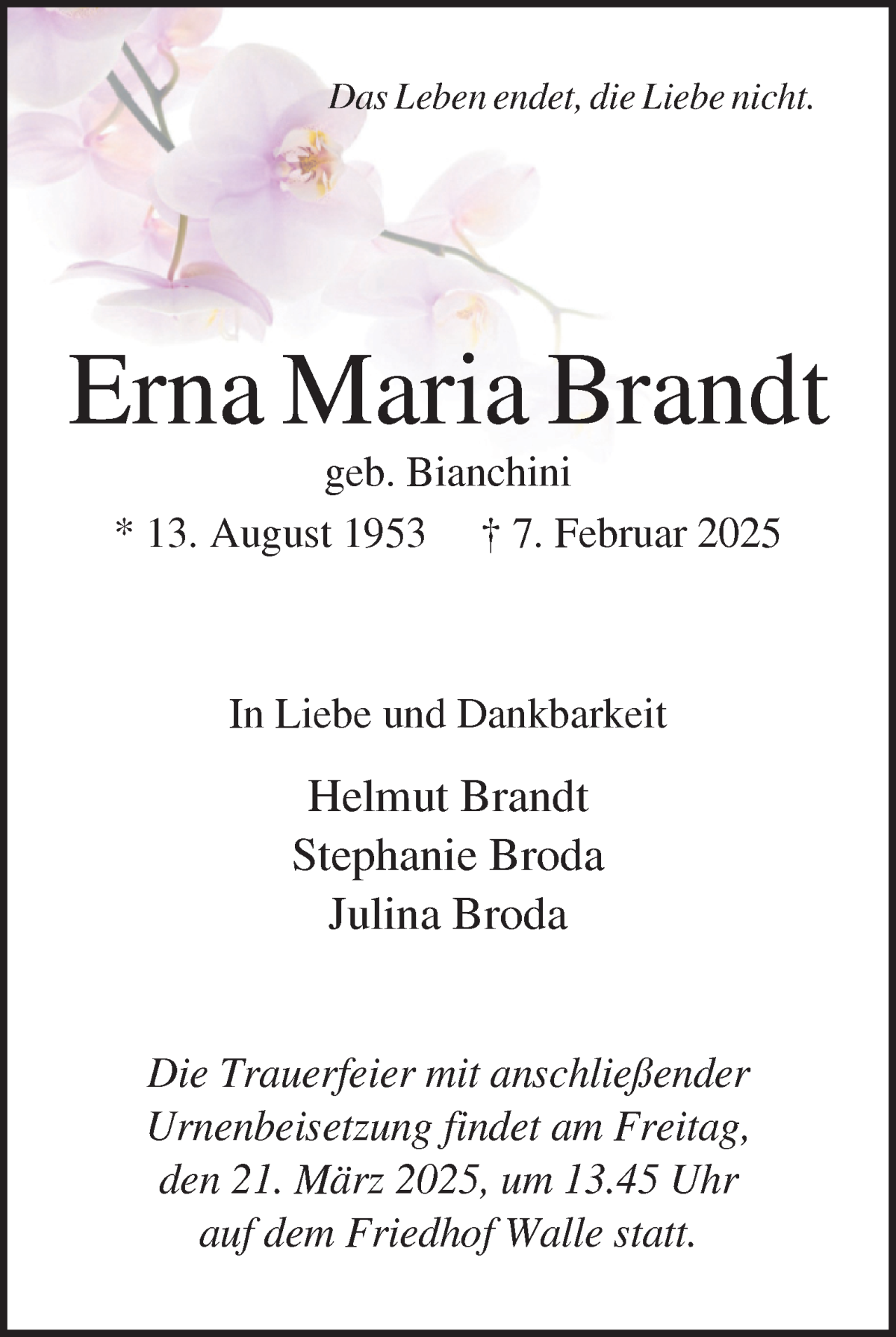 Traueranzeige von Erna Brandt von WESER-KURIER