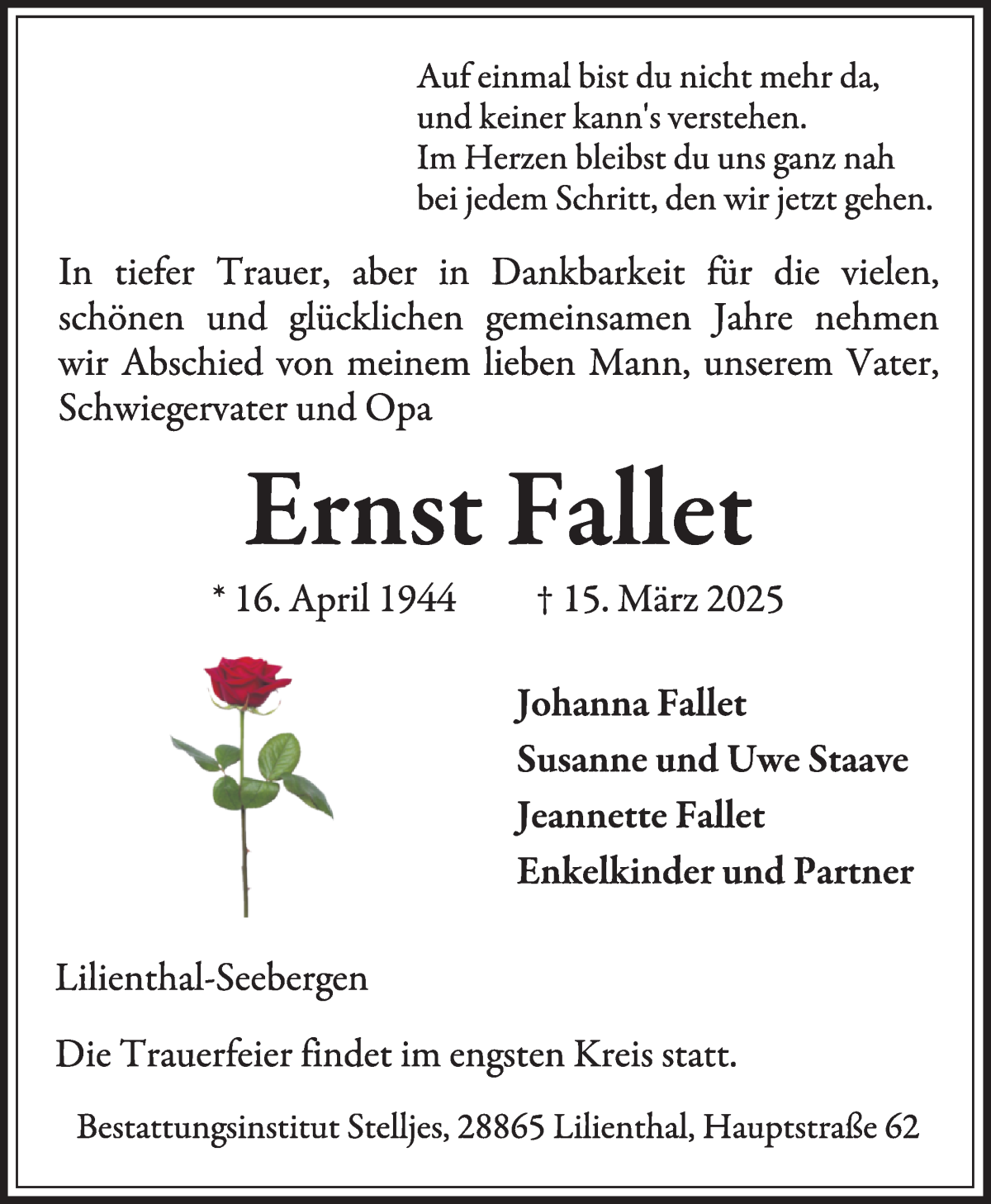 Traueranzeige von Ernst Fallet von Wuemme Zeitung