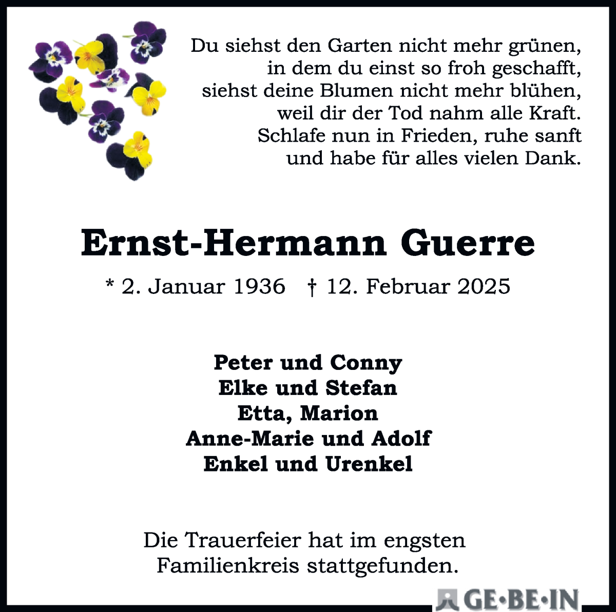 Traueranzeige von Ernst-Hermann Guerre von WESER-KURIER