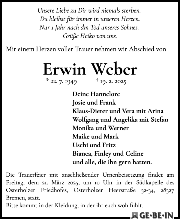 Traueranzeige von Erwin Weber von WESER-KURIER
