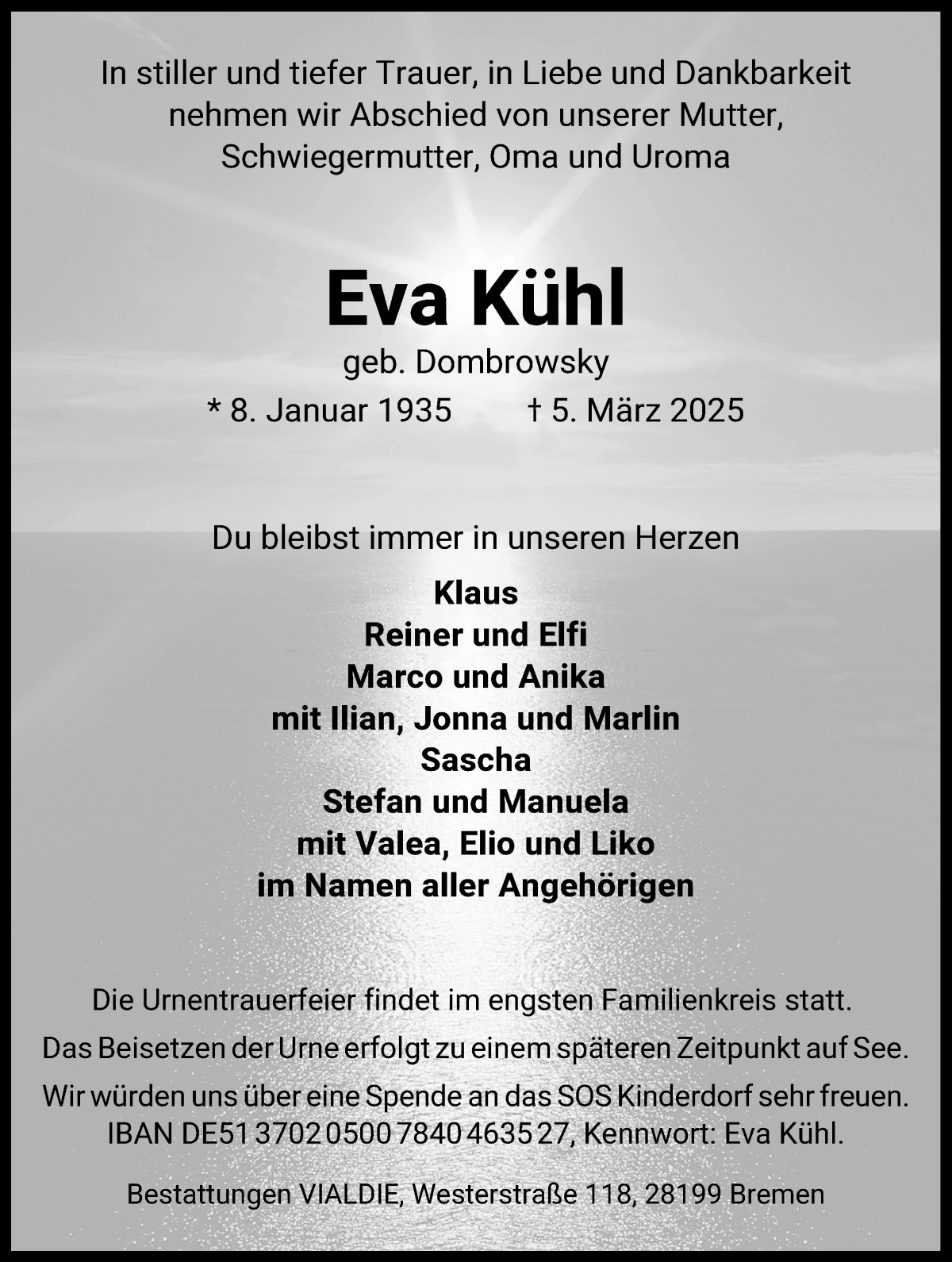 Traueranzeige von Eva Kühl von WESER-KURIER