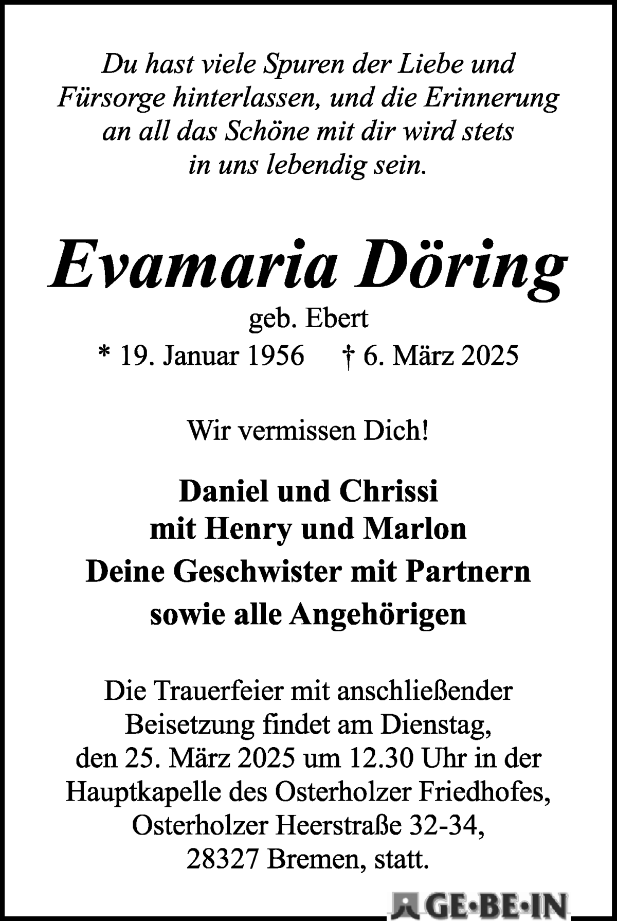 Traueranzeige von Evamaria Döring von WESER-KURIER