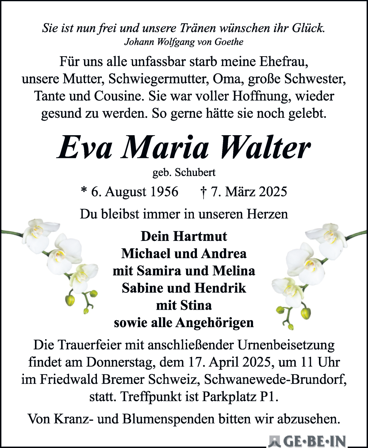 Traueranzeige von Eva Maria Walter von WESER-KURIER