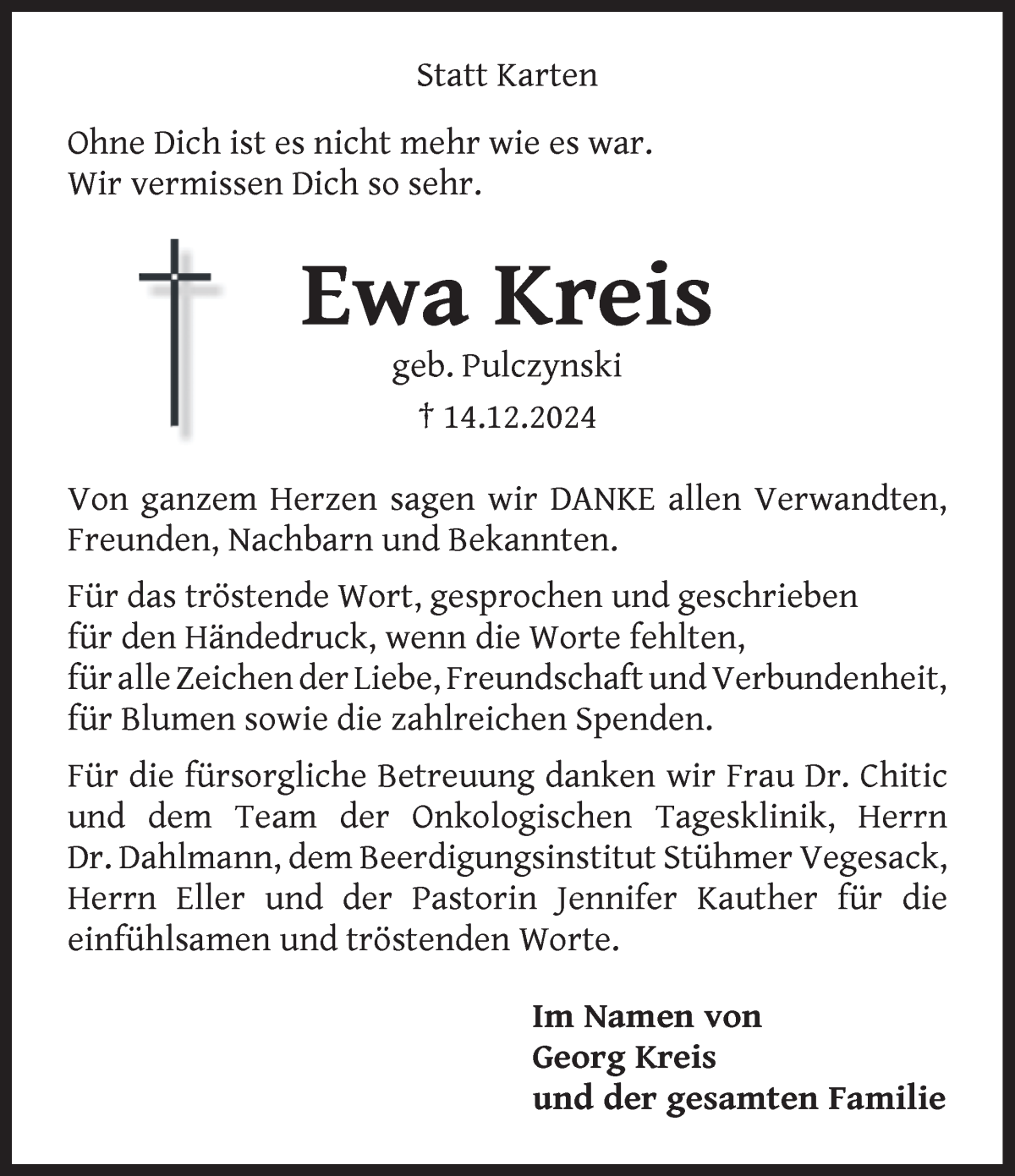 Traueranzeige von Ewa Kreis von Die Norddeutsche
