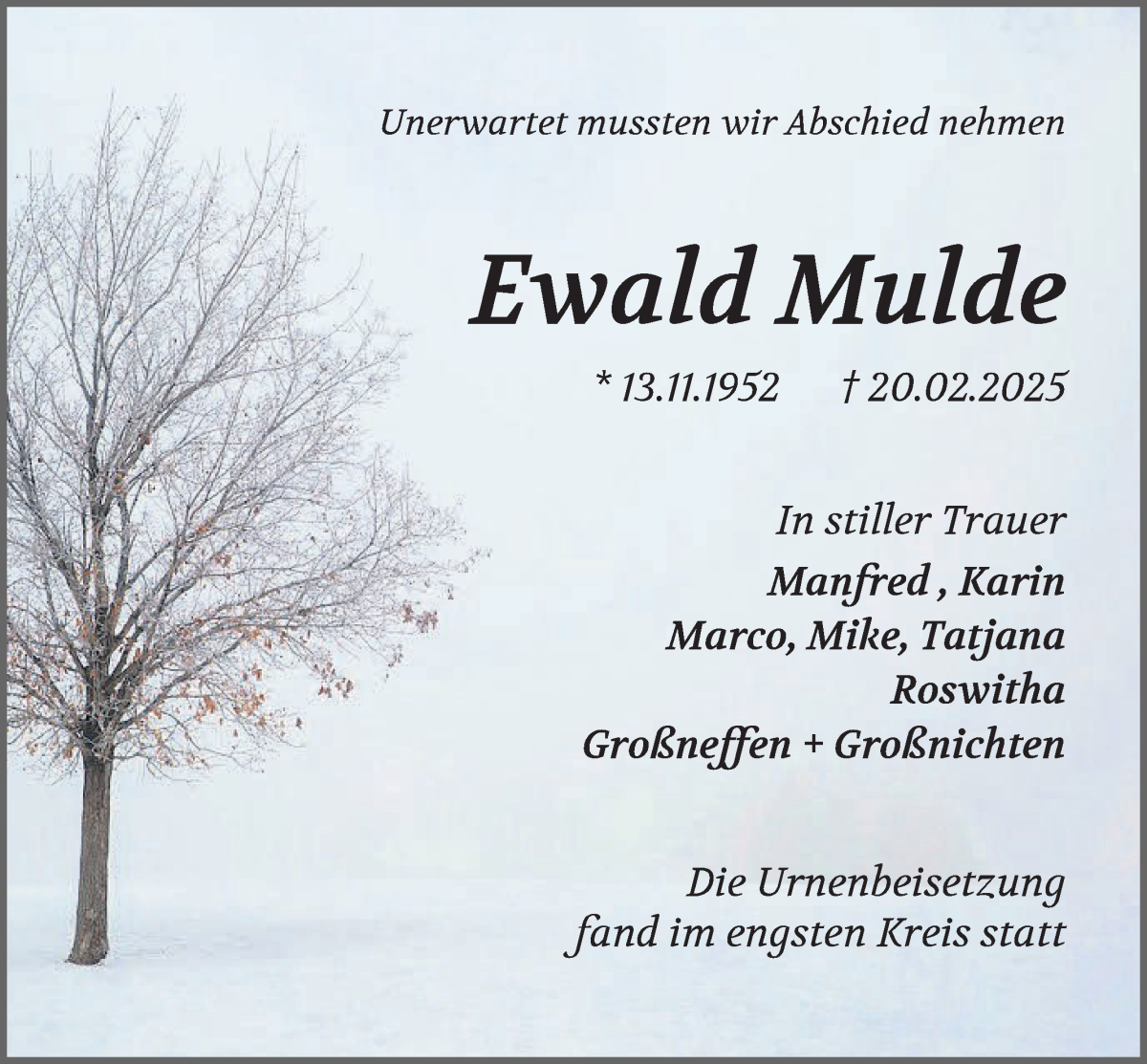 Traueranzeige von Ewald Mulde von WESER-KURIER
