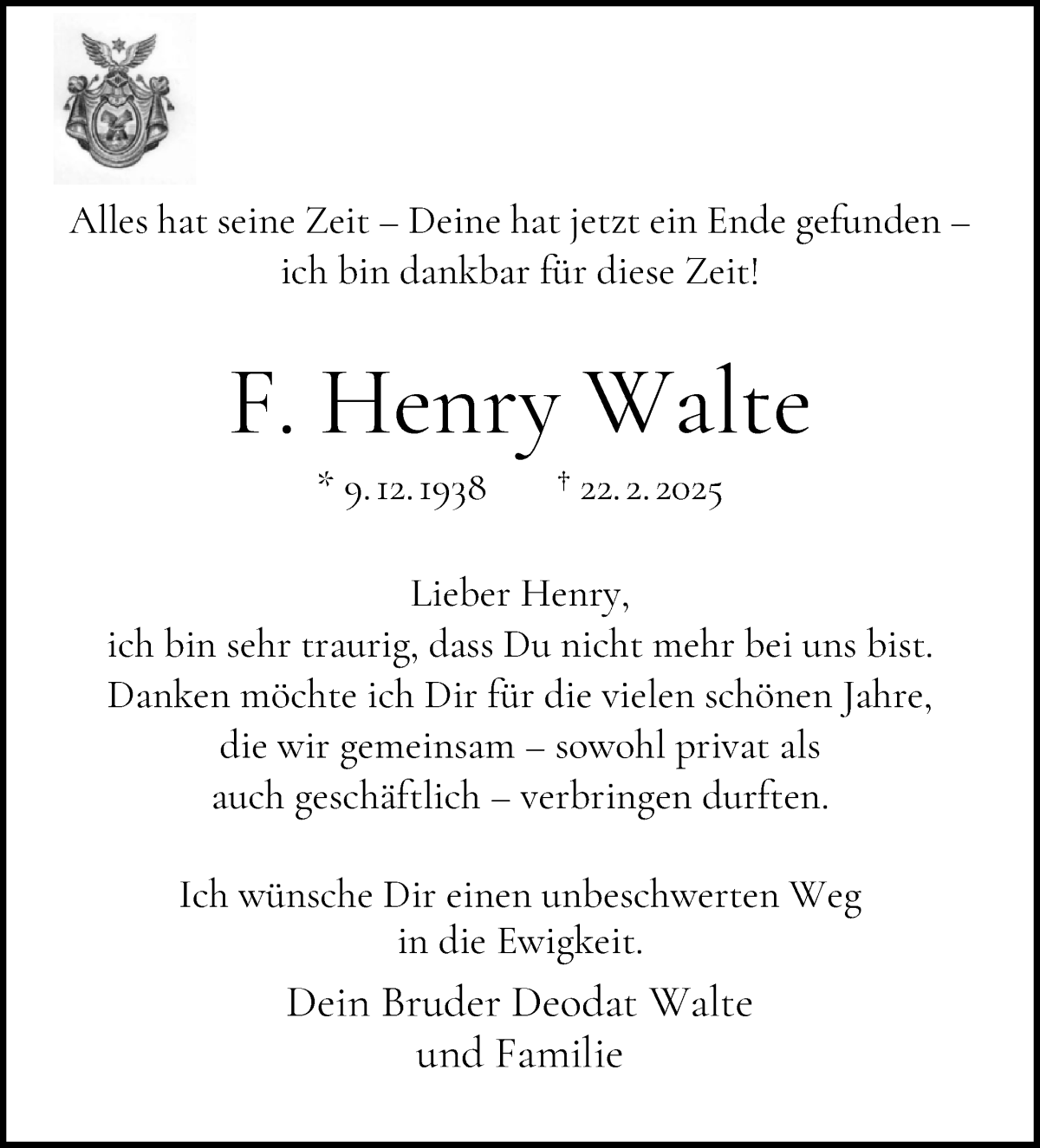 Traueranzeige von F. Henry Walte von WESER-KURIER