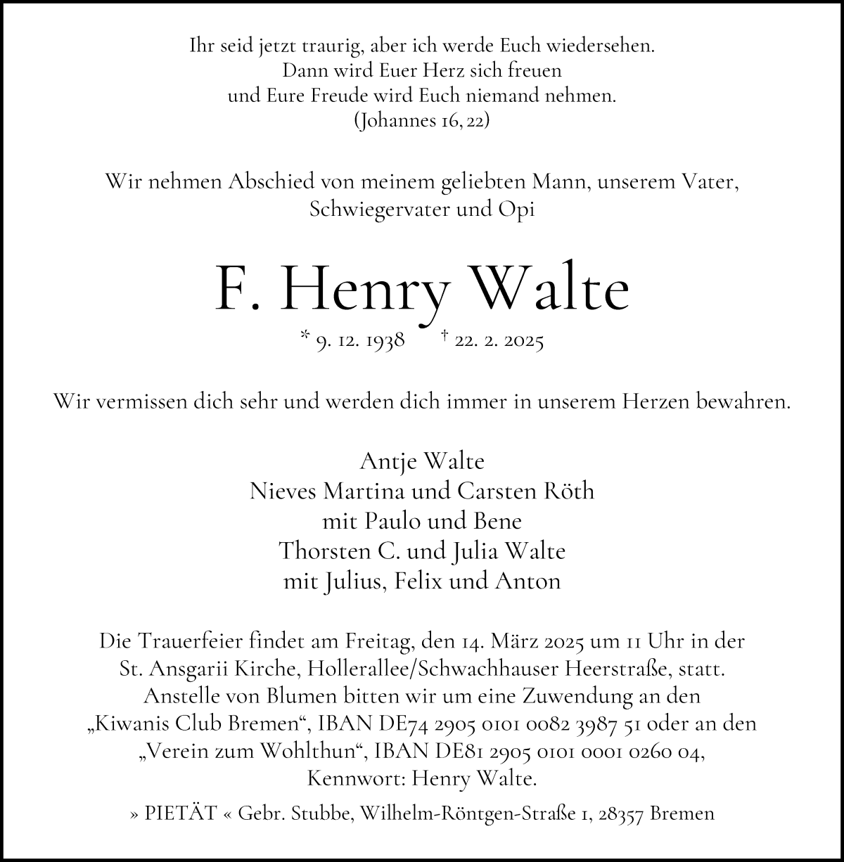 Traueranzeige von F. Henry Walte von WESER-KURIER