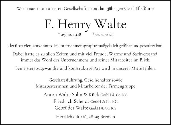 Traueranzeige von F. Henry Walte von WESER-KURIER
