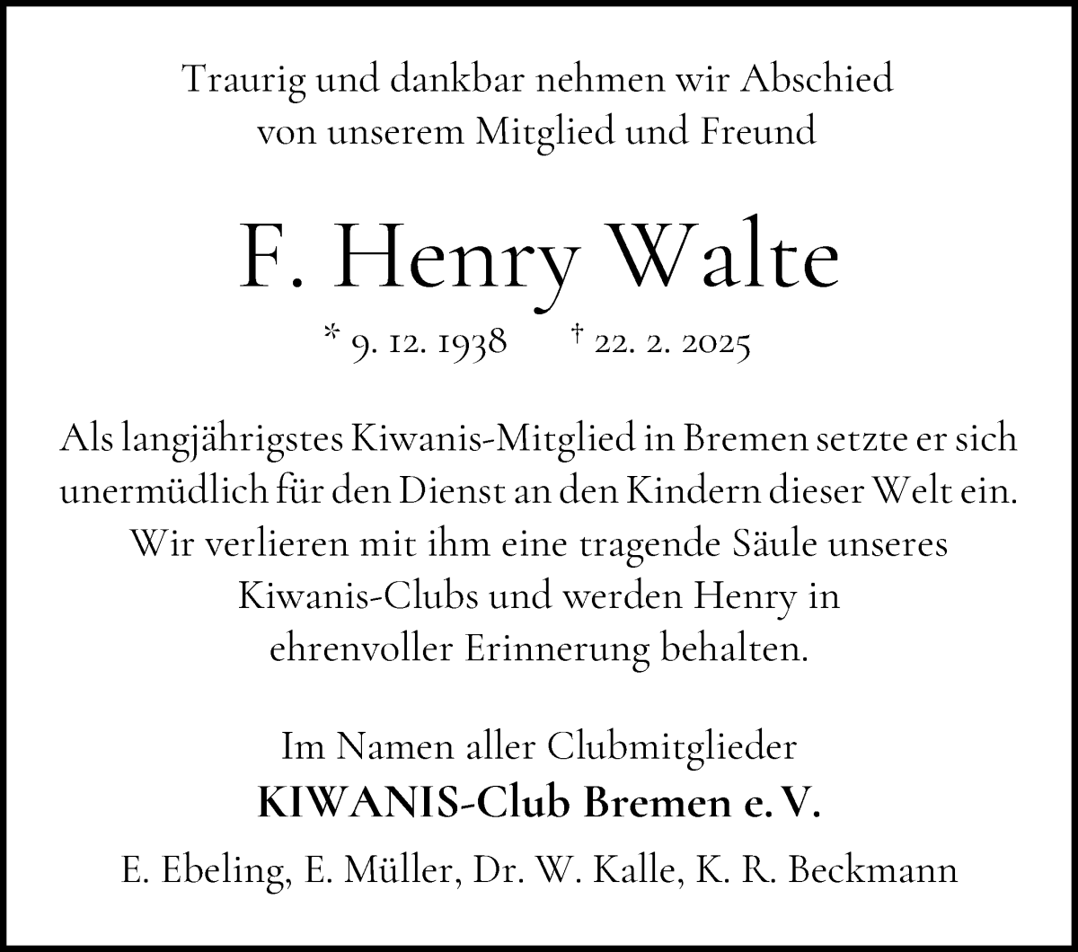 Traueranzeige von F. Henry Walte von WESER-KURIER