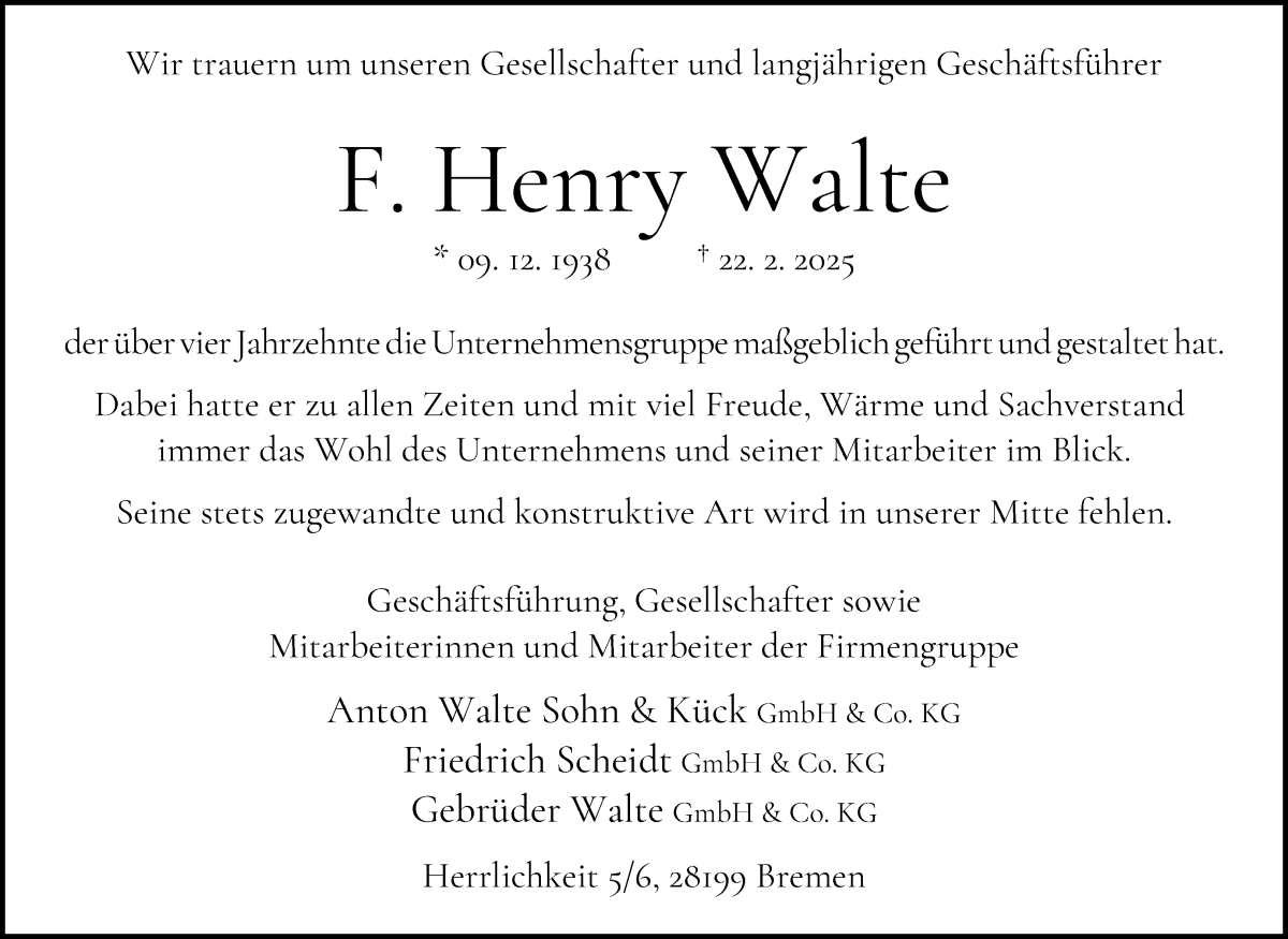 Traueranzeige von F. Henry Walte von WESER-KURIER