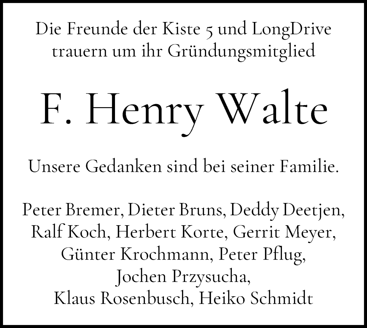 Traueranzeige von F. Henry Walte von WESER-KURIER