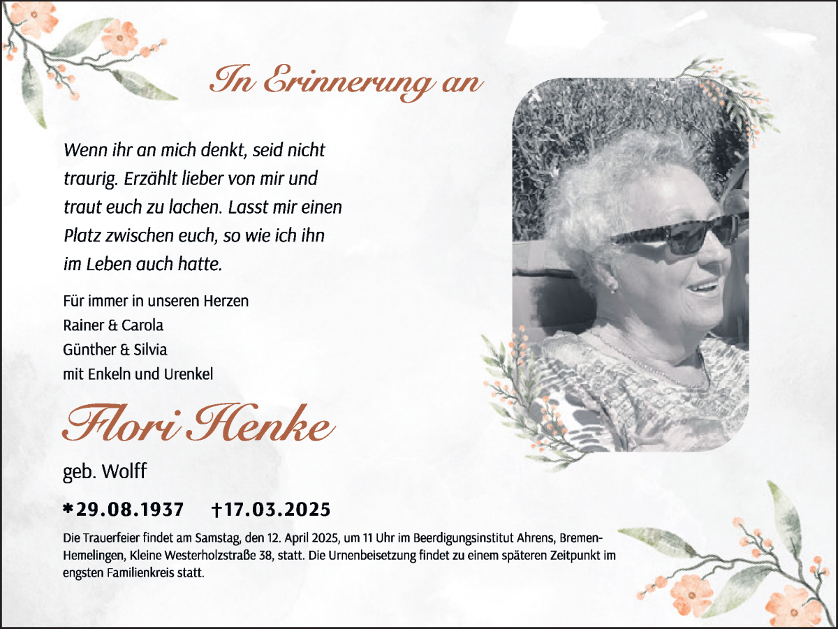 Traueranzeige von Flori Henke von WESER-KURIER
