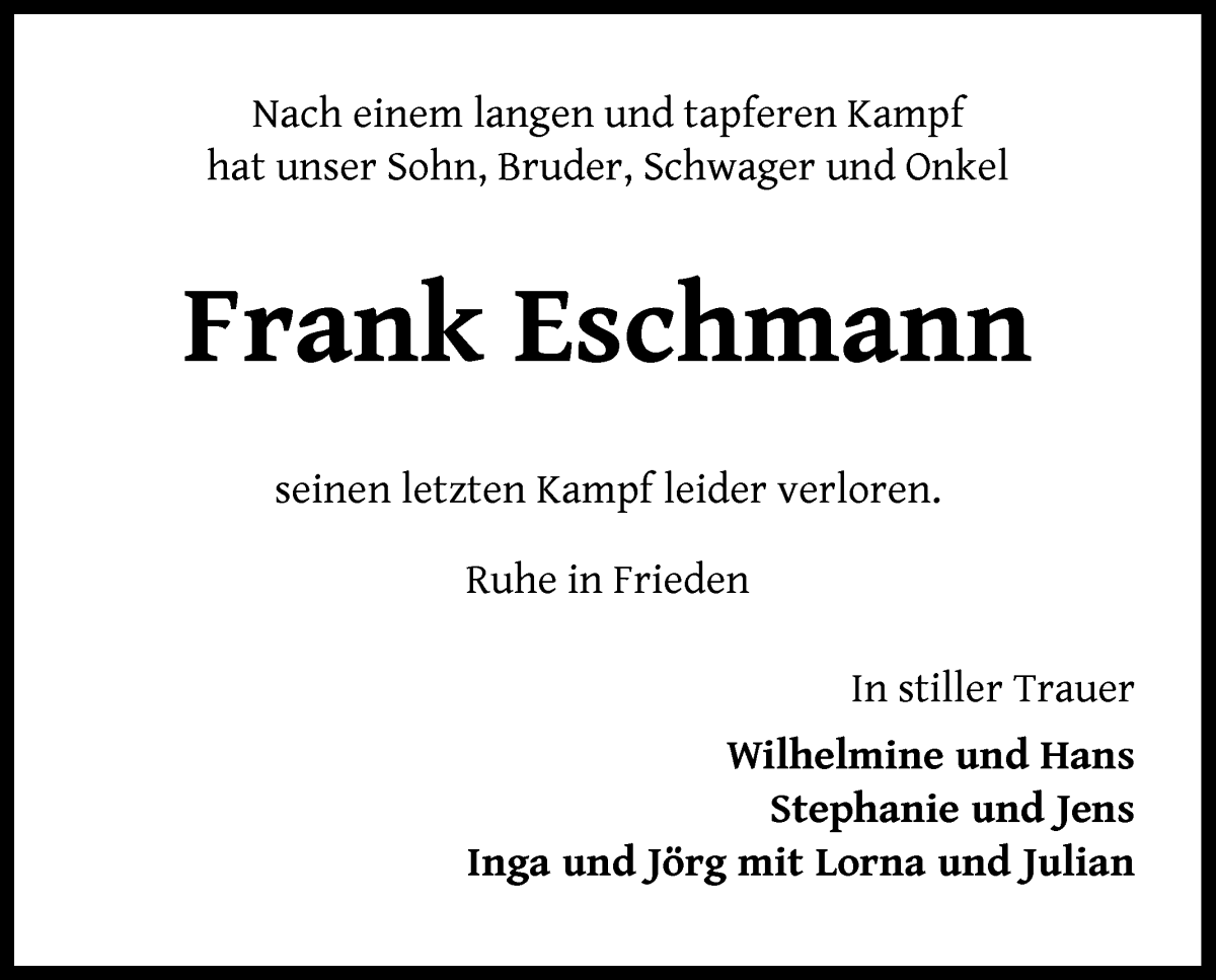 Traueranzeige von Frank Eschmann von Wuemme Zeitung