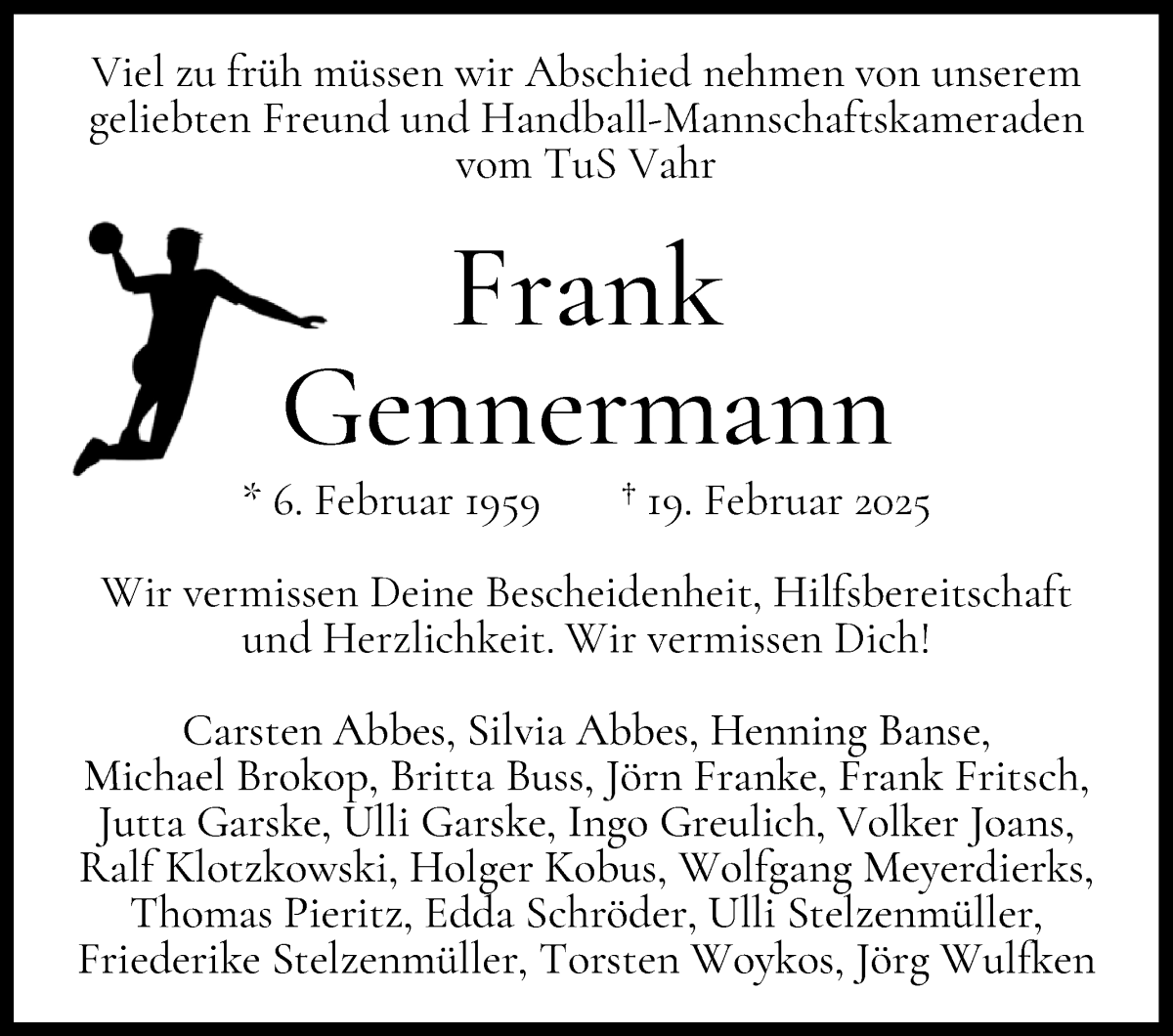 Traueranzeige von Frank Gennermann von WESER-KURIER