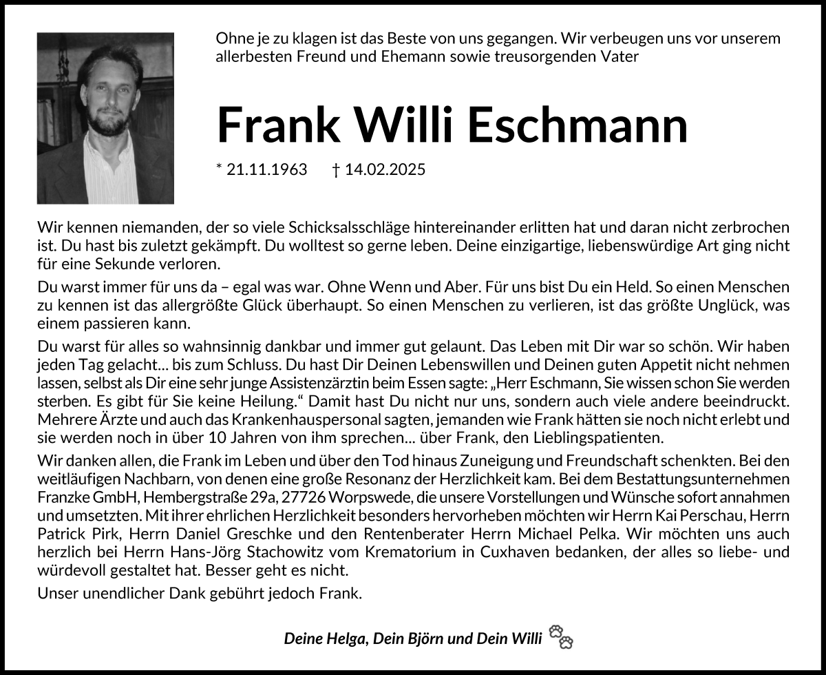Traueranzeige von Frank Willi Eschmann von Wuemme Zeitung