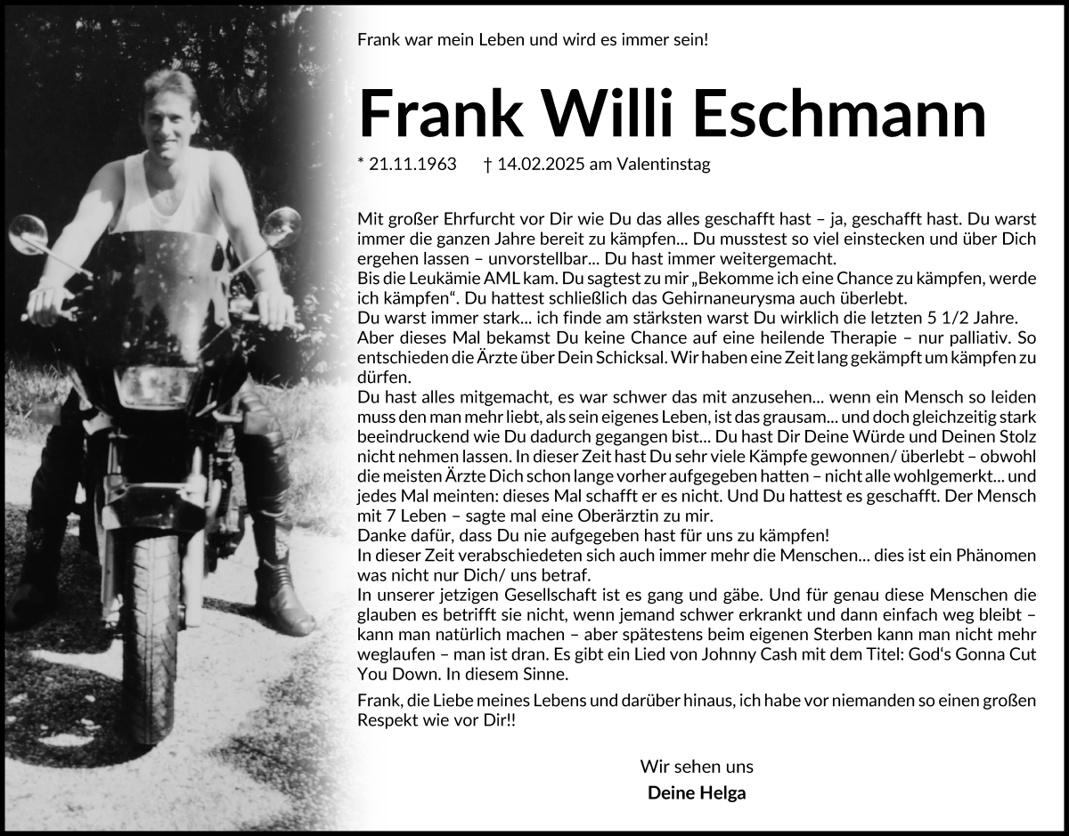 Traueranzeige von Frank Willi Eschmann von Wuemme Zeitung