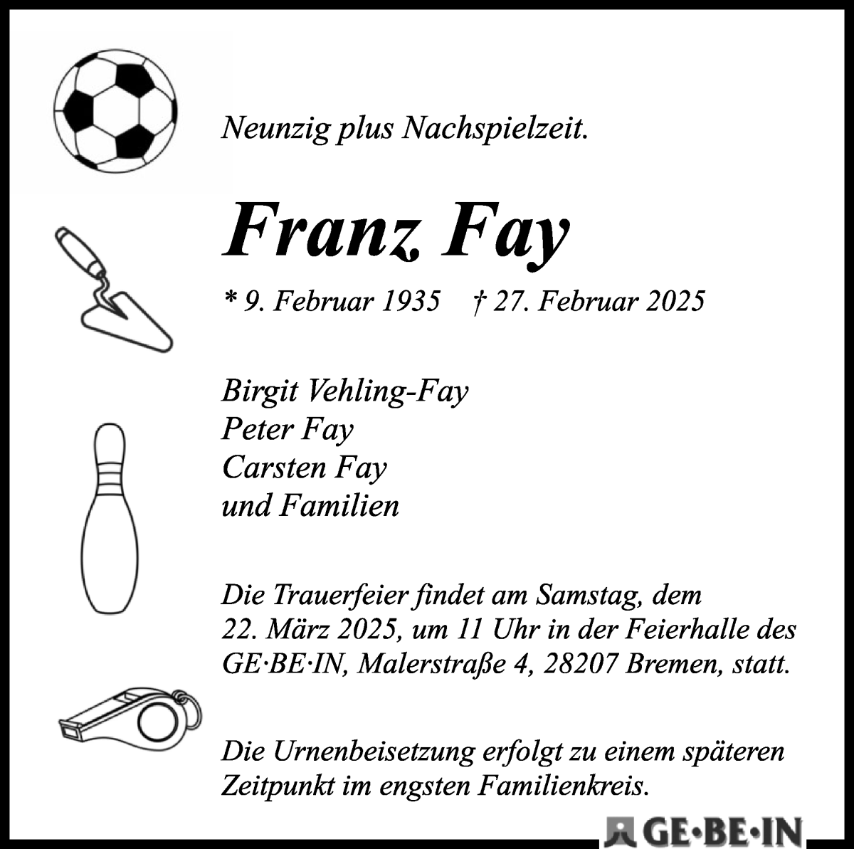 Traueranzeige von Franz Fay von WESER-KURIER
