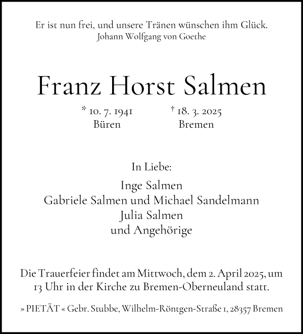 Traueranzeige von Franz Horst Salmen von WESER-KURIER