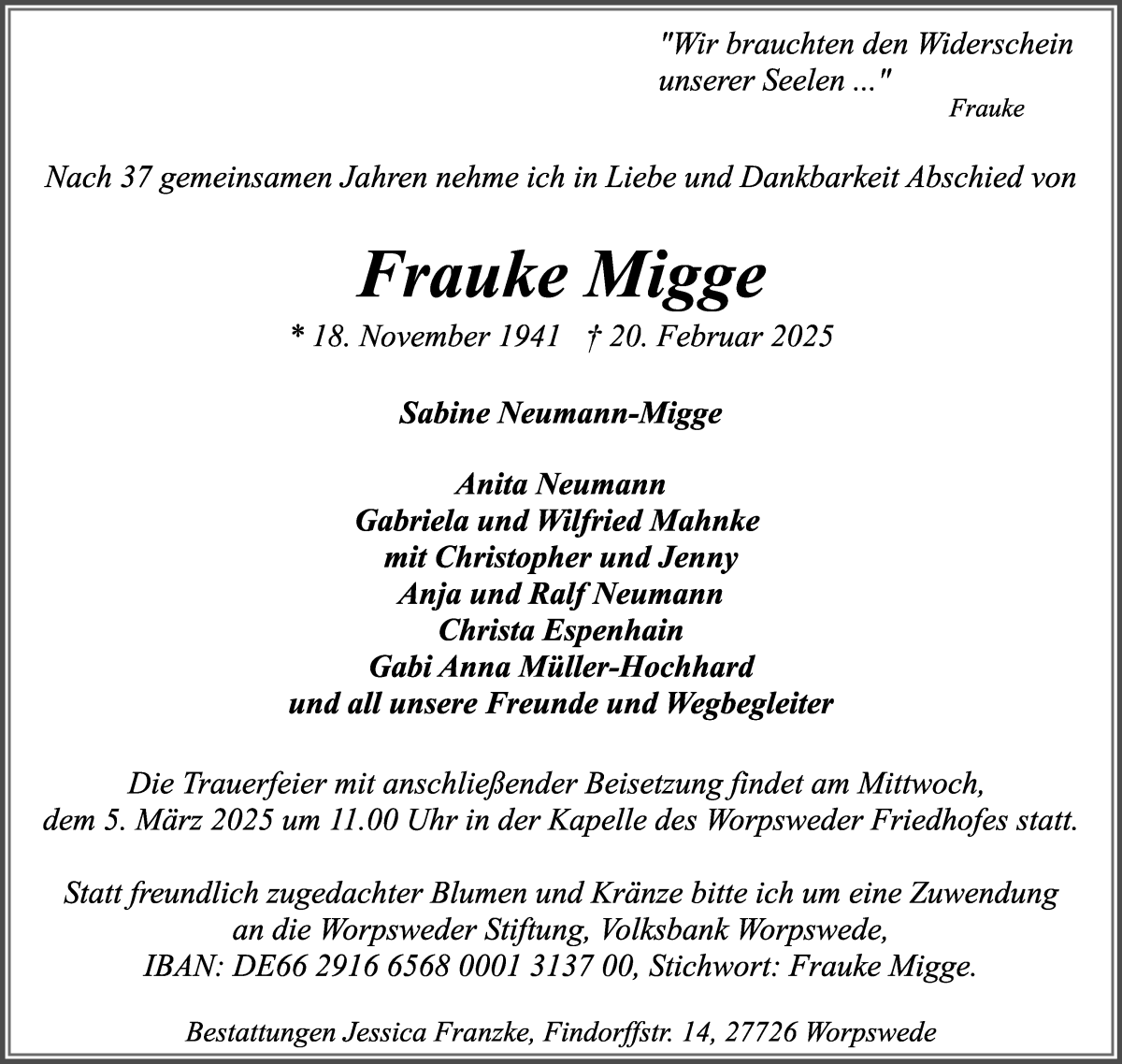 Traueranzeige von Frauke Migge von Wuemme Zeitung