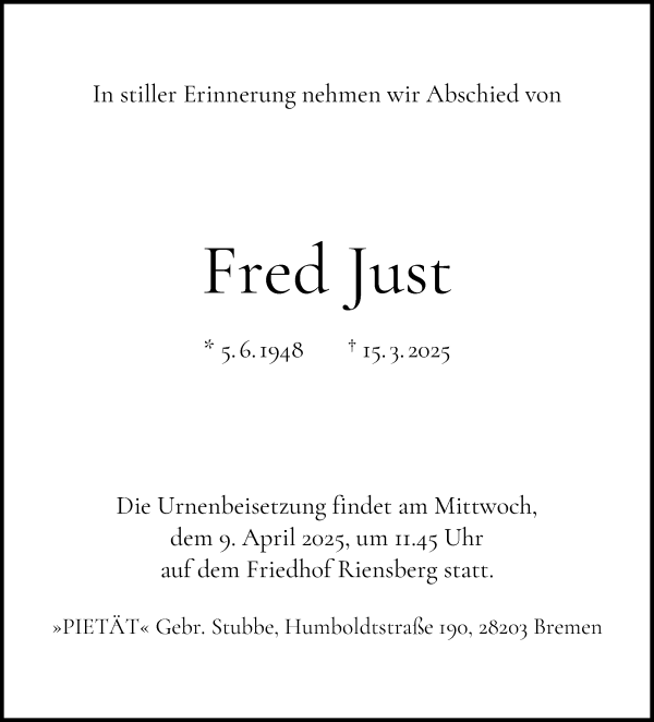Traueranzeige von Fred Just von WESER-KURIER